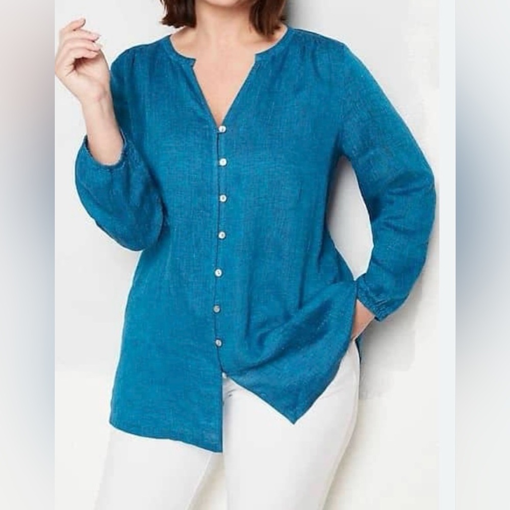 Pure Jill Easy Linen Top Tunic Blue‎ Teal Button Long Sleeve Travel Beach Sz 2XL